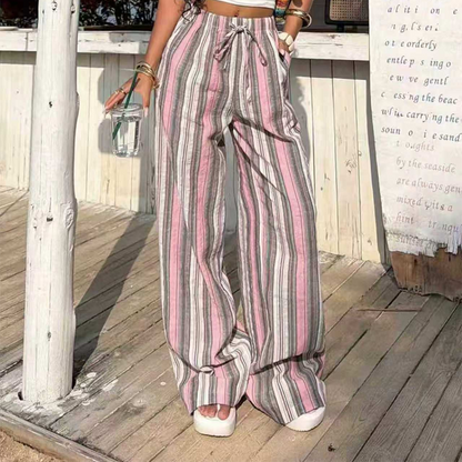 👑 Le must-have de la saison ! Pantalon rayé à jambes larges et cordon de serrage pour femme