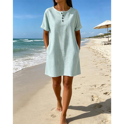 🔥 NOUVEAU + -50% + 50.000+ vendus 🔥 Robe t-shirt femme décontractée à rayures, manches courtes