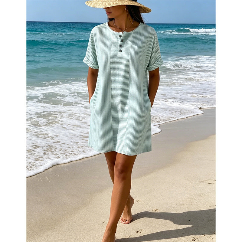 🔥 NOUVEAU + -50% + 50.000+ vendus 🔥 Robe t-shirt femme décontractée à rayures, manches courtes