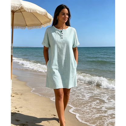 🔥 NOUVEAU + -50% + 50.000+ vendus 🔥 Robe t-shirt femme décontractée à rayures, manches courtes