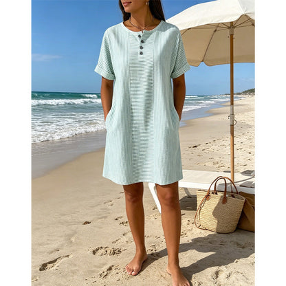 🔥 NOUVEAU + -50% + 50.000+ vendus 🔥 Robe t-shirt femme décontractée à rayures, manches courtes