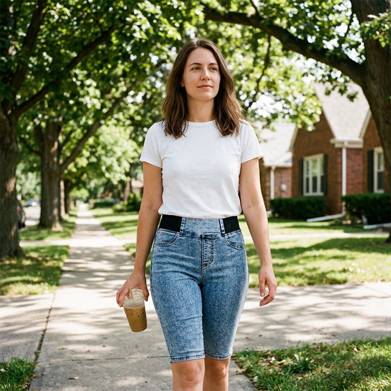 📦 En expédition quotidienne ! Pantalon capri en jean taille haute pour femme, taille élastiquée, coupe courte