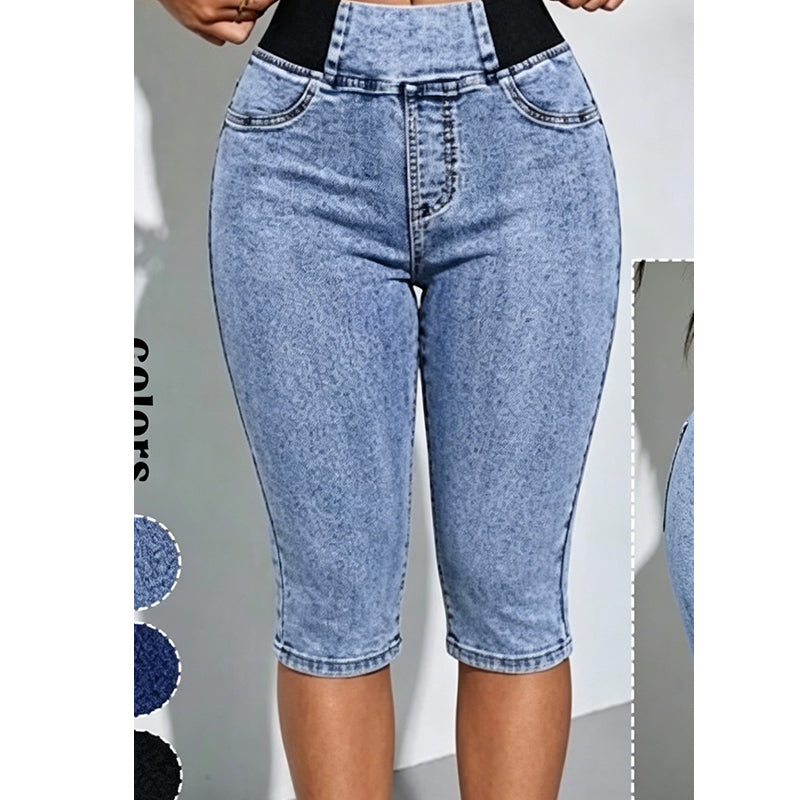 📦 En expédition quotidienne ! Pantalon capri en jean taille haute pour femme, taille élastiquée, coupe courte
