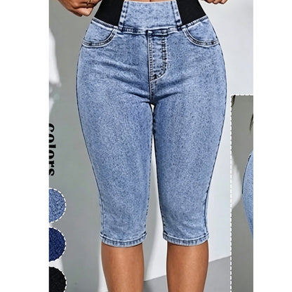 📦 En expédition quotidienne ! Pantalon capri en jean taille haute pour femme, taille élastiquée, coupe courte