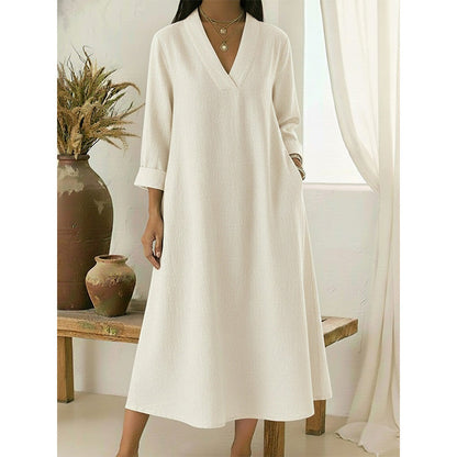 🔥Robe A-line en coton et lin à col en V pour femme
