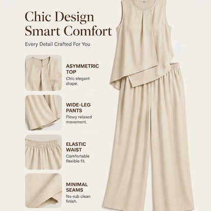 Ensemble femme composé d'un haut asymétrique et d'un pantalon à jambes larges