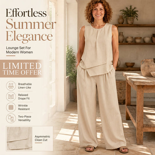 Ensemble femme composé d'un haut asymétrique et d'un pantalon à jambes larges