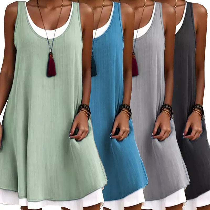 Robes débardeurs décontractées pour femme, ample, sans manches, effet deux-pièces
