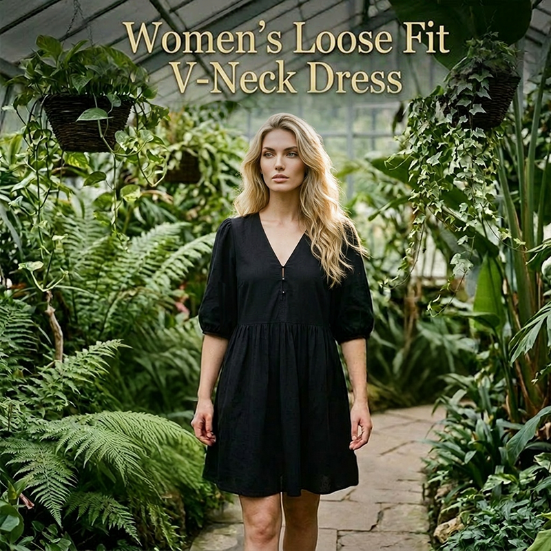 👗 50 % DE RÉDUCTION POUR UNE DURÉE LIMITÉE ! 💥 Robe décontractée à col en V et coupe ample pour femme – Manches bouffantes, respirante, polyvalente ✨