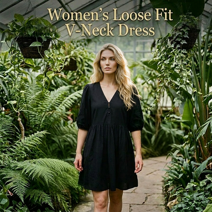 👗 50 % DE RÉDUCTION POUR UNE DURÉE LIMITÉE ! 💥 Robe décontractée à col en V et coupe ample pour femme – Manches bouffantes, respirante, polyvalente ✨
