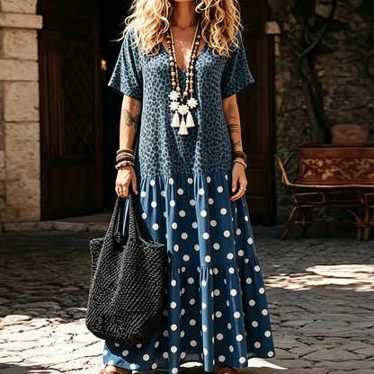 🌺 PROMO LIMITÉE -52% ! ✨ Robe Maxi Boho Femme – Col V Flatteur, Imprimé Léopard & Pois Unique, Tissu Respirant, Jupe Étagée Fluide · Bleu · S–5XL 🐆