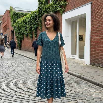 🌺 PROMO LIMITÉE -52% ! ✨ Robe Maxi Boho Femme – Col V Flatteur, Imprimé Léopard & Pois Unique, Tissu Respirant, Jupe Étagée Fluide · Bleu · S–5XL 🐆