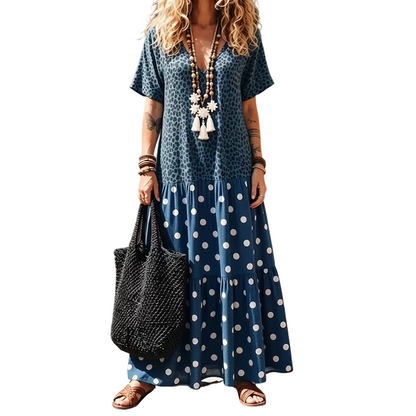 🌺 PROMO LIMITÉE -52% ! ✨ Robe Maxi Boho Femme – Col V Flatteur, Imprimé Léopard & Pois Unique, Tissu Respirant, Jupe Étagée Fluide · Bleu · S–5XL 🐆