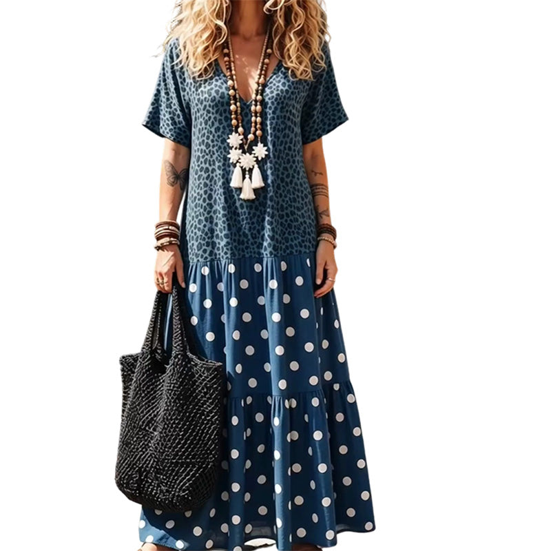 🌺 PROMO LIMITÉE -52% ! ✨ Robe Maxi Boho Femme – Col V Flatteur, Imprimé Léopard & Pois Unique, Tissu Respirant, Jupe Étagée Fluide · Bleu · S–5XL 🐆