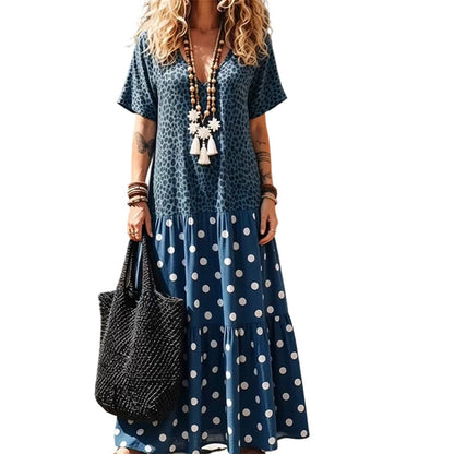 🌺 PROMO LIMITÉE -52% ! ✨ Robe Maxi Boho Femme – Col V Flatteur, Imprimé Léopard & Pois Unique, Tissu Respirant, Jupe Étagée Fluide · Bleu · S–5XL 🐆
