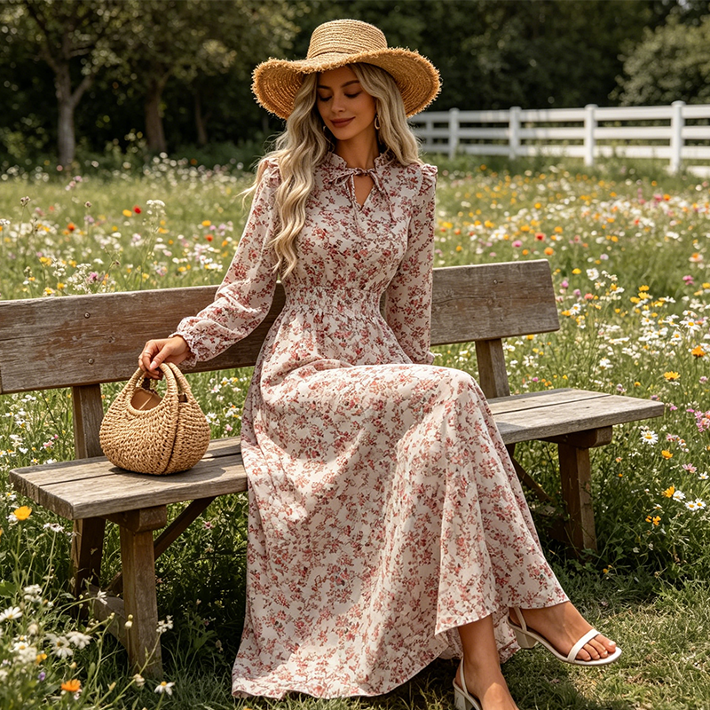 👗❤️ pour femmes, style vacances, avec imprimé floral ditsy et taille ajustée, robe longue