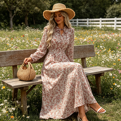 👗❤️ pour femmes, style vacances, avec imprimé floral ditsy et taille ajustée, robe longue