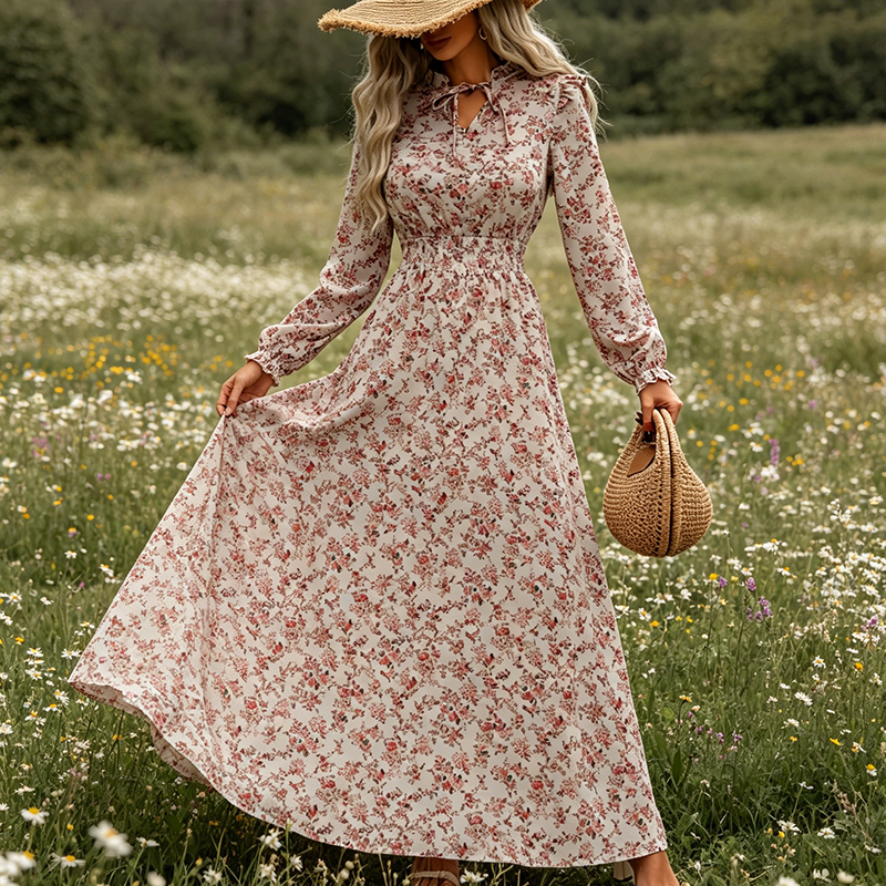 👗❤️ pour femmes, style vacances, avec imprimé floral ditsy et taille ajustée, robe longue