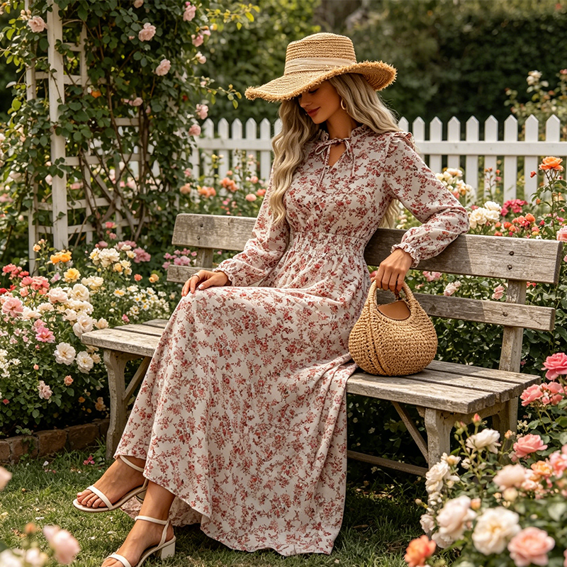 👗❤️ pour femmes, style vacances, avec imprimé floral ditsy et taille ajustée, robe longue