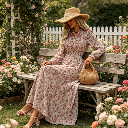👗❤️ pour femmes, style vacances, avec imprimé floral ditsy et taille ajustée, robe longue