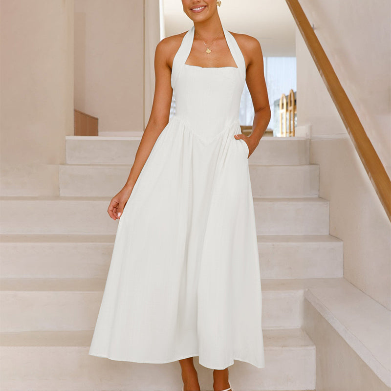 Robe femme à col licou et dos froncé
