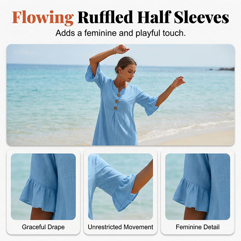 Robe midi unie à manches à volants pour femme