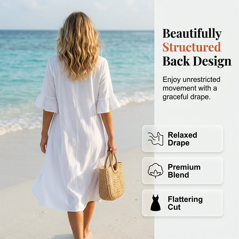 Robe midi unie à manches à volants pour femme