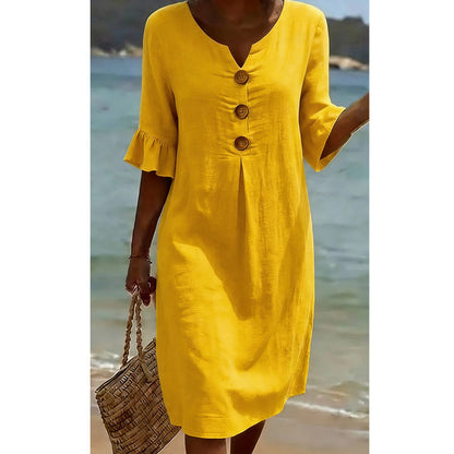 Robe midi unie à manches à volants pour femme