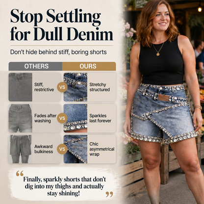 Short-jupe en denim multicouche pour femme, orné de strass Rhinsten