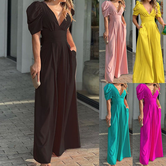 👗 PROMO LIMITÉE -50% ! ✨ Combinaison Femme Col V Profond Jambes Larges – Taille Haute Affinante, Polyester Doux Respirant · 5 Couleurs · S–3XL · Soirée & Quotidien 💃