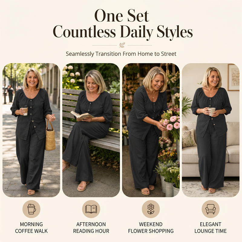 👗✨ Ensemble 2 pièces pour femme composé d'un chemisier boutonné et d'un pantalon large – élégant et confortable