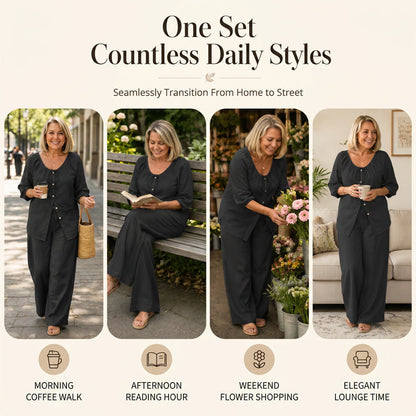 👗✨ Ensemble 2 pièces pour femme composé d'un chemisier boutonné et d'un pantalon large – élégant et confortable