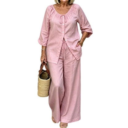 👗✨ Ensemble 2 pièces pour femme composé d'un chemisier boutonné et d'un pantalon large – élégant et confortable
