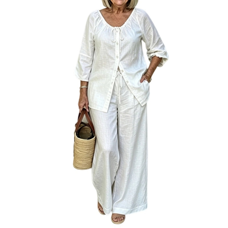 👗✨ Ensemble 2 pièces pour femme composé d'un chemisier boutonné et d'un pantalon large – élégant et confortable
