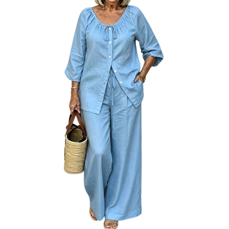 👗✨ Ensemble 2 pièces pour femme composé d'un chemisier boutonné et d'un pantalon large – élégant et confortable