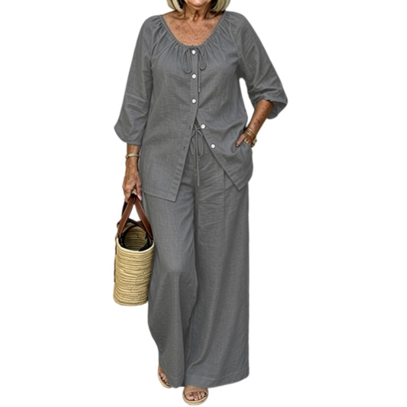 👗✨ Ensemble 2 pièces pour femme composé d'un chemisier boutonné et d'un pantalon large – élégant et confortable