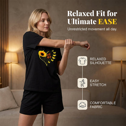 🌺Ensemble composé d'un t-shirt et d'un short à motif de tournesols pour femmes