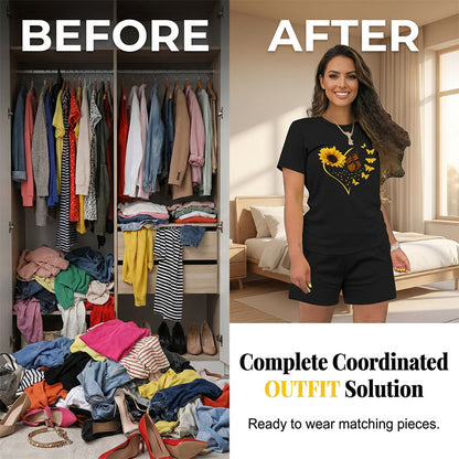 🌺Ensemble composé d'un t-shirt et d'un short à motif de tournesols pour femmes