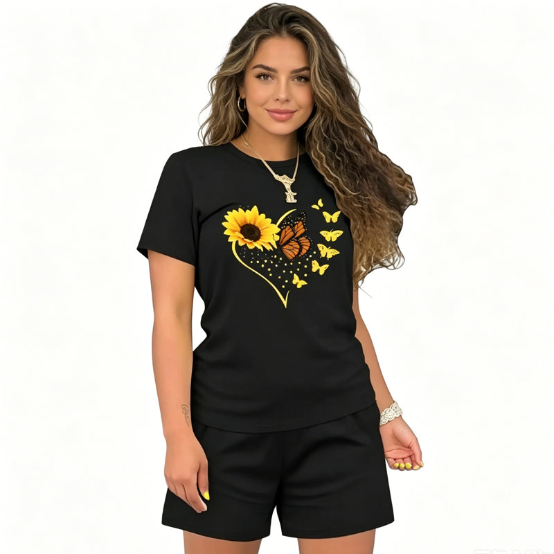 🌺Ensemble composé d'un t-shirt et d'un short à motif de tournesols pour femmes