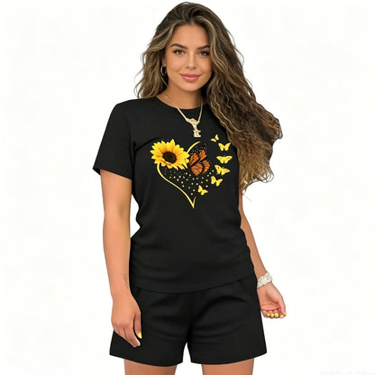 🌺Ensemble composé d'un t-shirt et d'un short à motif de tournesols pour femmes