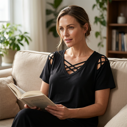 T-shirt chic à col en V et lanières croisées pour femme