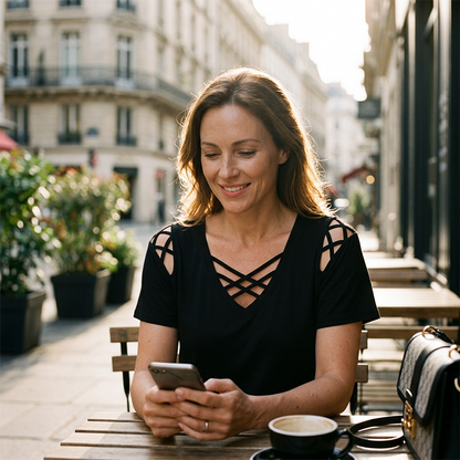 T-shirt chic à col en V et lanières croisées pour femme