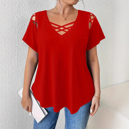 T-shirt chic à col en V et lanières croisées pour femme