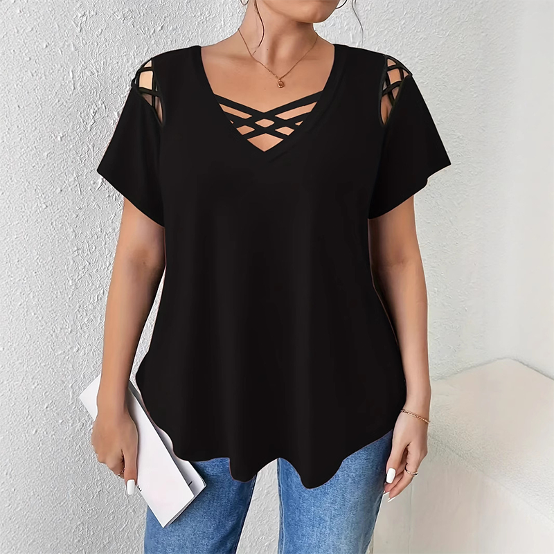 T-shirt chic à col en V et lanières croisées pour femme