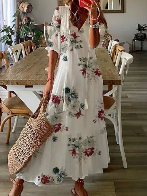 Robe longue à col en V pour femme