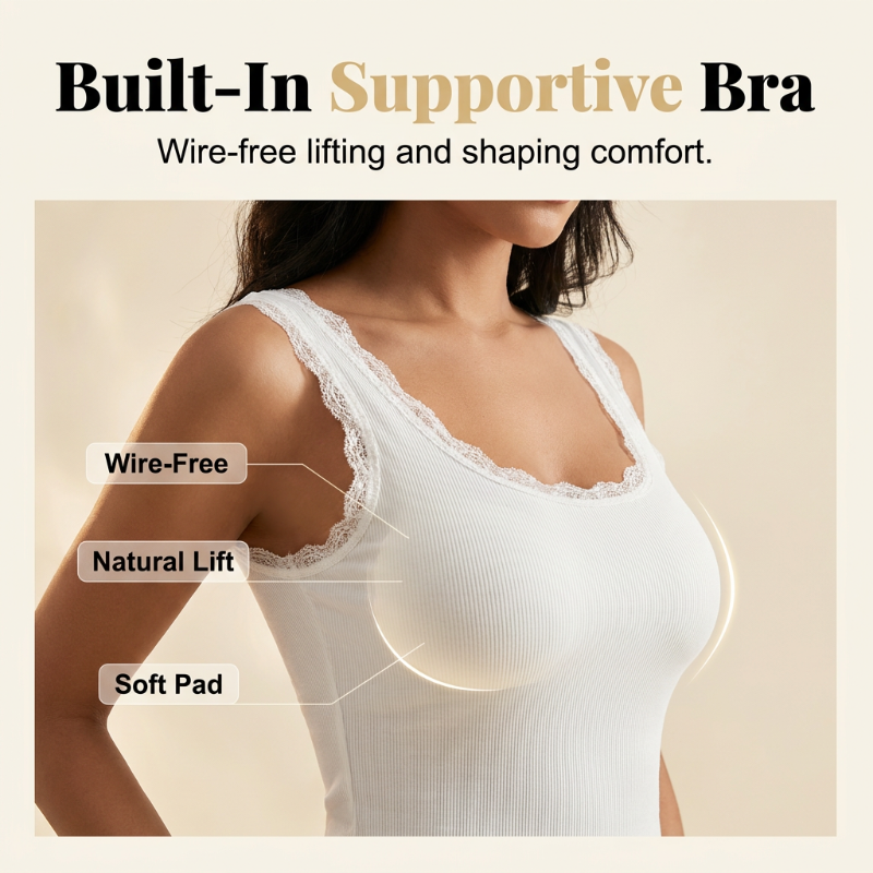 ⏰1 acheté, 1 offert🔥Débardeur slim fit pour femme, à côtes, avec bonnets intégrés et dentelle