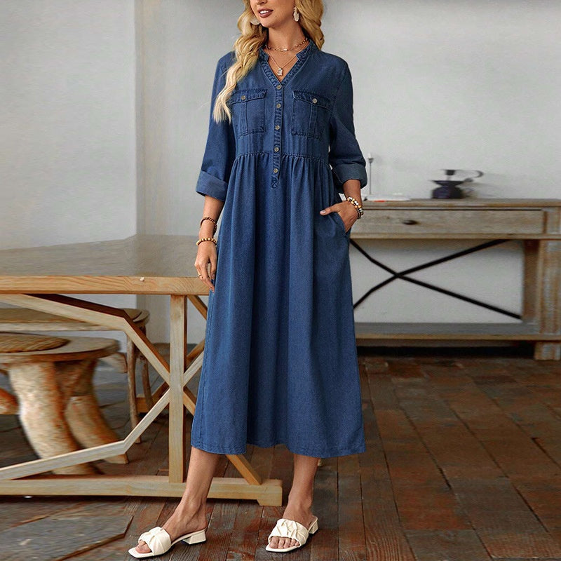 Robe longue en jean à boutons pour femmes, grande taille