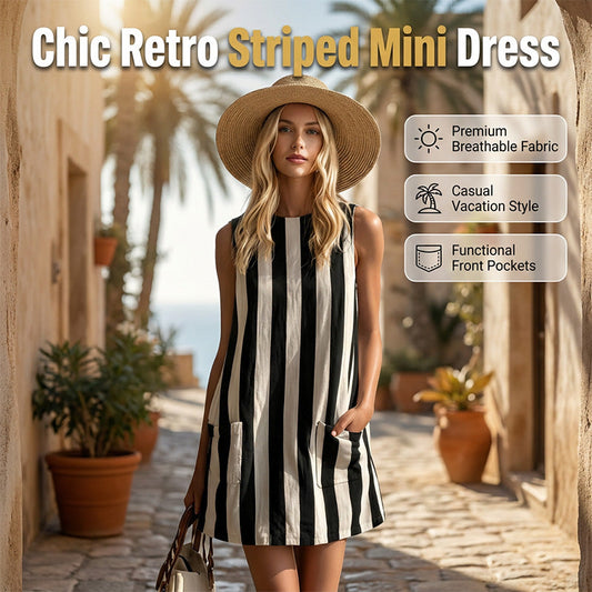 Robe sans manches à rayures et col rond pour femme, avec poches