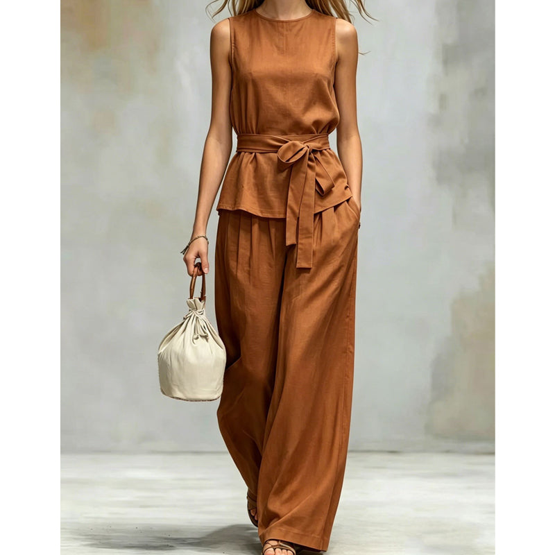 Ensemble pantalon sans manches à jambes larges avec ceinture