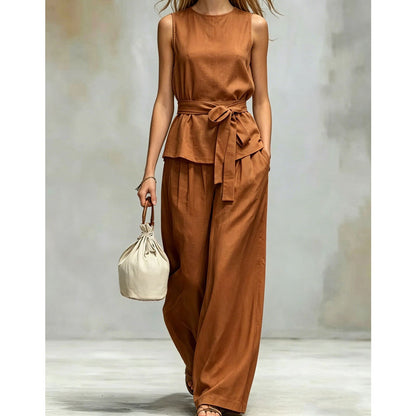 Ensemble pantalon sans manches à jambes larges avec ceinture